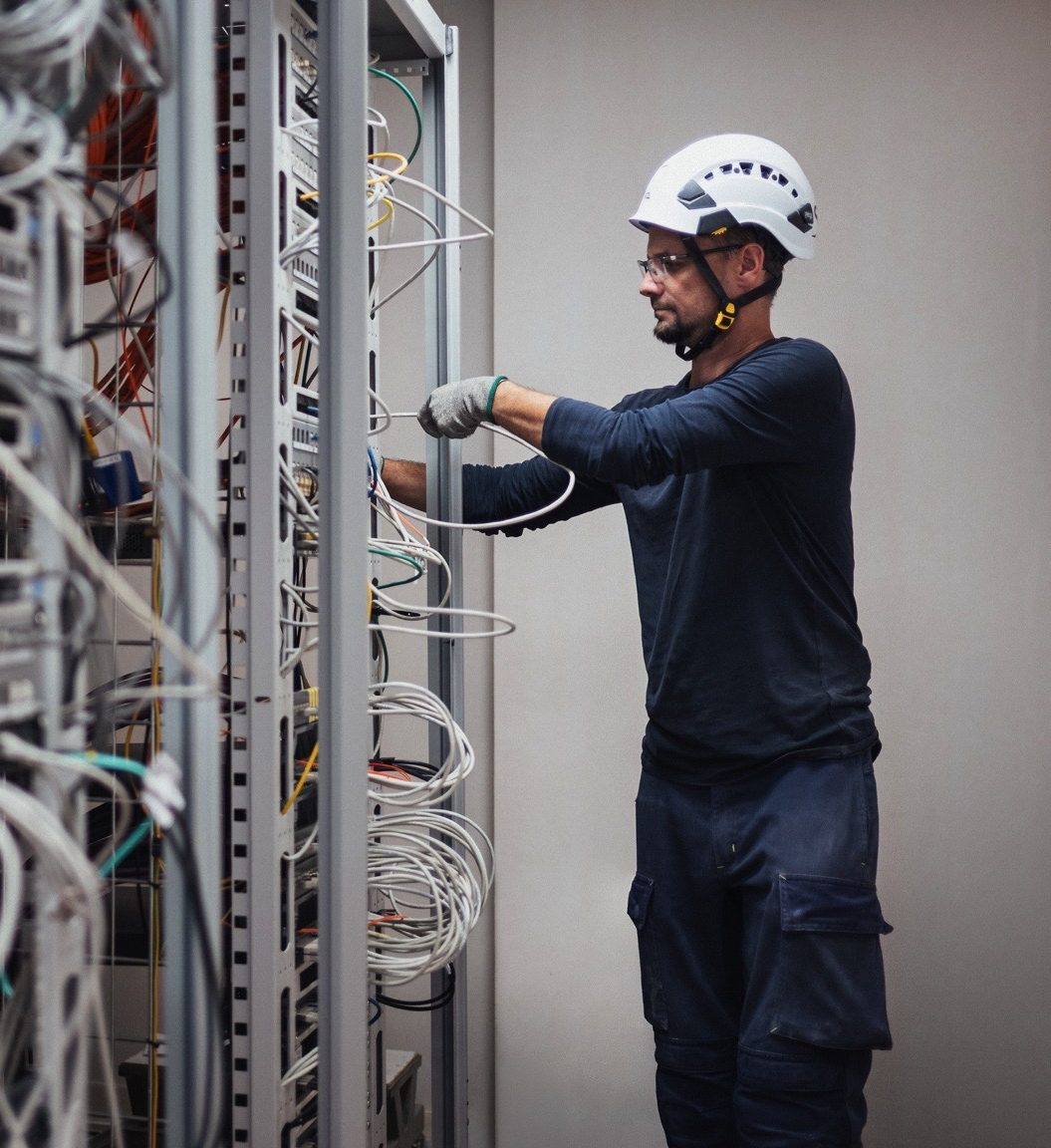 Technicien réalisant le raccordement et l’organisation des câbles dans une baie réseau afin d’assurer le déploiement d’une infrastructure numérique performante.